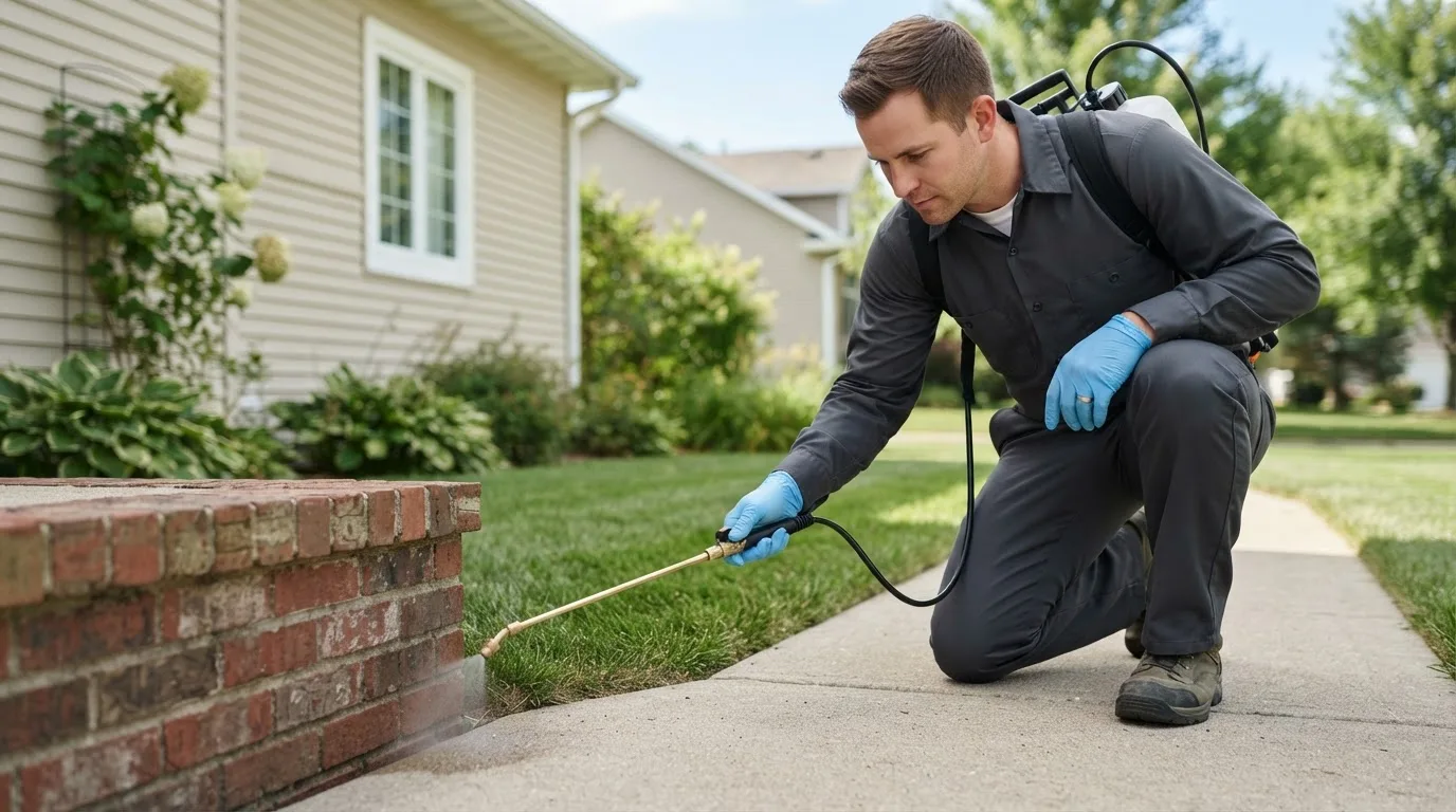 Pest control technician treating a home near Hubbardston, MA