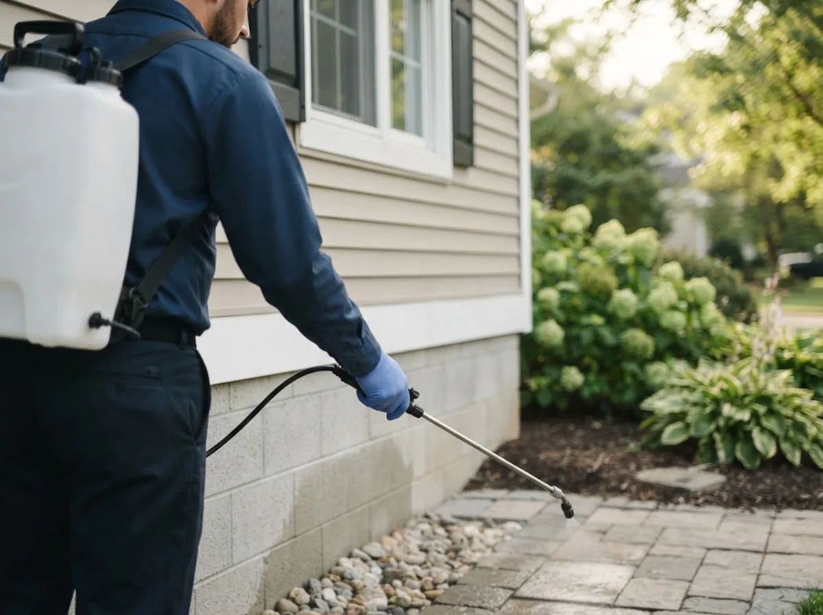 Pest control technician inspecting a home in Hubbardston, MA
